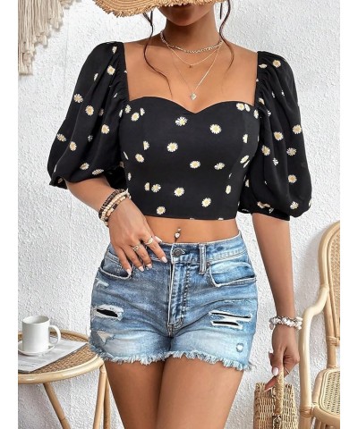 Women's Half Puff Sleeve Sweetheart Neck Shirt Casual Shirred Slim Fit Crop Blouse Top Black Floral $14.24 Blouses