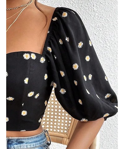 Women's Half Puff Sleeve Sweetheart Neck Shirt Casual Shirred Slim Fit Crop Blouse Top Black Floral $14.24 Blouses