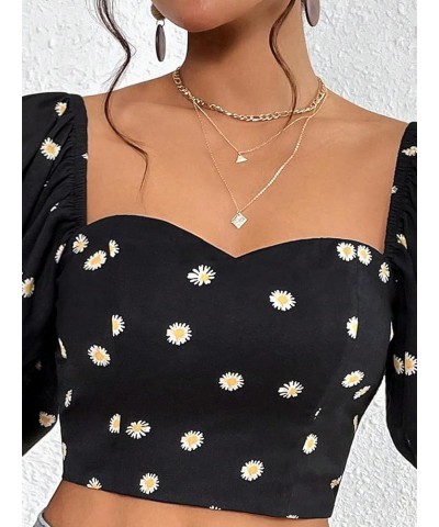 Women's Half Puff Sleeve Sweetheart Neck Shirt Casual Shirred Slim Fit Crop Blouse Top Black Floral $14.24 Blouses