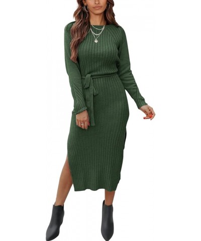 Women's Long Sleeve Crewneck Two Side Slit Tie Waist Slim Fit Sweater Dress Ribbed Knit Bodycon Midi Dress Solid Army Green $...