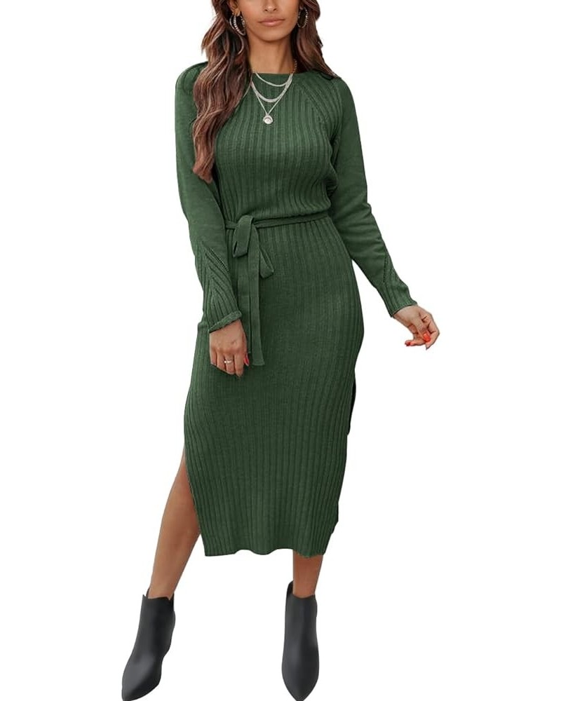 Women's Long Sleeve Crewneck Two Side Slit Tie Waist Slim Fit Sweater Dress Ribbed Knit Bodycon Midi Dress Solid Army Green $...