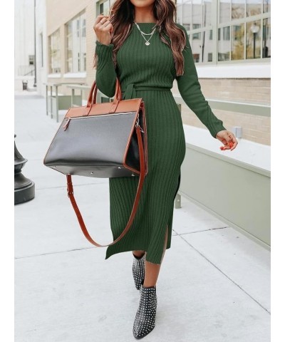 Women's Long Sleeve Crewneck Two Side Slit Tie Waist Slim Fit Sweater Dress Ribbed Knit Bodycon Midi Dress Solid Army Green $...