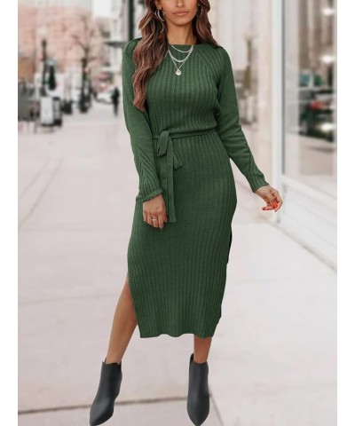 Women's Long Sleeve Crewneck Two Side Slit Tie Waist Slim Fit Sweater Dress Ribbed Knit Bodycon Midi Dress Solid Army Green $...