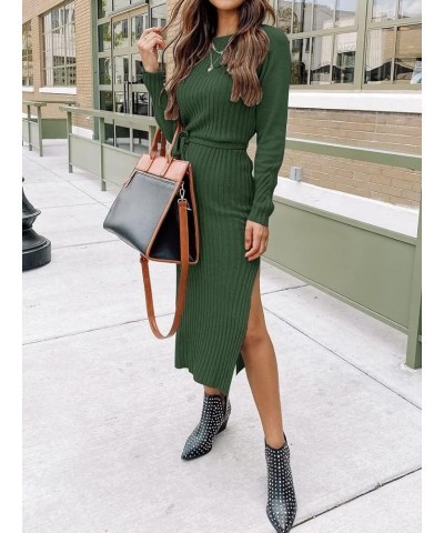 Women's Long Sleeve Crewneck Two Side Slit Tie Waist Slim Fit Sweater Dress Ribbed Knit Bodycon Midi Dress Solid Army Green $...