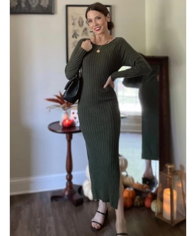 Women's Long Sleeve Crewneck Two Side Slit Tie Waist Slim Fit Sweater Dress Ribbed Knit Bodycon Midi Dress Solid Army Green $...