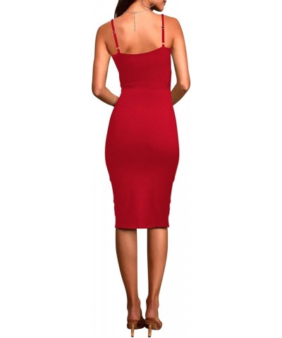 Women's Spaghetti Strap Cutout Side Slit Ribbed Knee Length Bodycon Midi Dress Red $22.25 Dresses