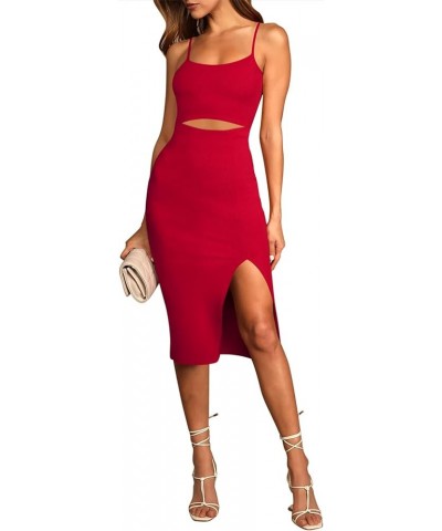 Women's Spaghetti Strap Cutout Side Slit Ribbed Knee Length Bodycon Midi Dress Red $22.25 Dresses