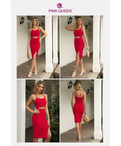 Women's Spaghetti Strap Cutout Side Slit Ribbed Knee Length Bodycon Midi Dress Red $22.25 Dresses