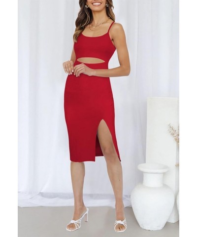 Women's Spaghetti Strap Cutout Side Slit Ribbed Knee Length Bodycon Midi Dress Red $22.25 Dresses