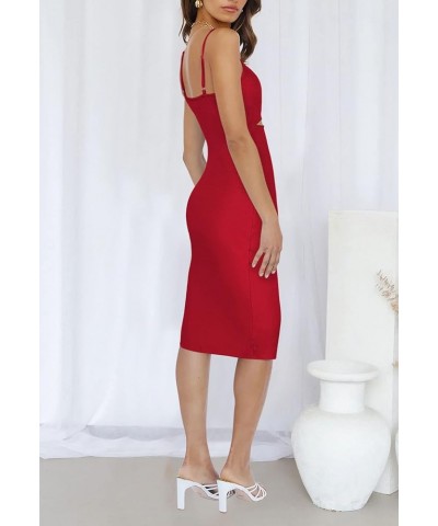 Women's Spaghetti Strap Cutout Side Slit Ribbed Knee Length Bodycon Midi Dress Red $22.25 Dresses