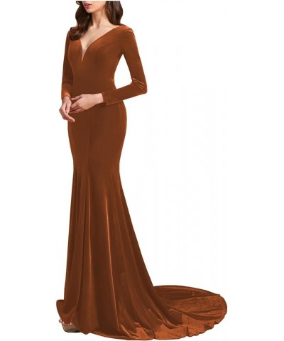 Women's Deep V-Neck Velvet Prom Dresses Long Mermaid Court Train Evening Party Gown with Long Sleeves SZPD02 Burnt Orange-a $...
