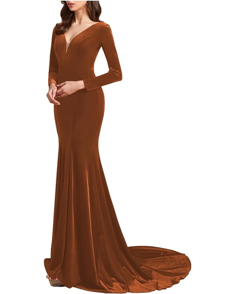 Women's Deep V-Neck Velvet Prom Dresses Long Mermaid Court Train Evening Party Gown with Long Sleeves SZPD02 Burnt Orange-a $...