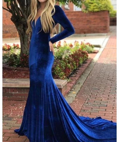 Women's Deep V-Neck Velvet Prom Dresses Long Mermaid Court Train Evening Party Gown with Long Sleeves SZPD02 Burnt Orange-a $...