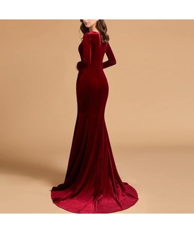 Women's Deep V-Neck Velvet Prom Dresses Long Mermaid Court Train Evening Party Gown with Long Sleeves SZPD02 Burnt Orange-a $...