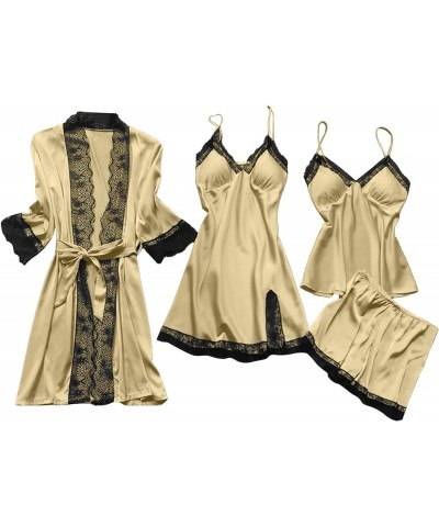 Women's Satin Pajama Set 4PCS Floral Lace Trim Sleepwear Soft Comfy Lingerie Underwear Sexy Nightgown with Robes 04-gold $9.5...
