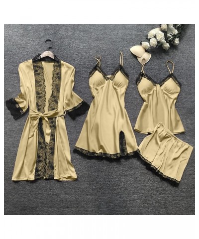 Women's Satin Pajama Set 4PCS Floral Lace Trim Sleepwear Soft Comfy Lingerie Underwear Sexy Nightgown with Robes 04-gold $9.5...