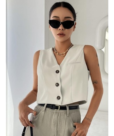 Women's Button Up Sleeveless Vest Blazer Solid V Neck Crop Jacket Outwear Apricot $15.65 Vests