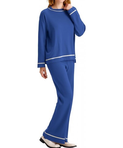 Sweater Set for Women 2 Piece Long Sleeve Round Neck High Waist Wide Leg Lounge Wear Sets Thin 05thin-blue $23.94 Sleep & Lounge