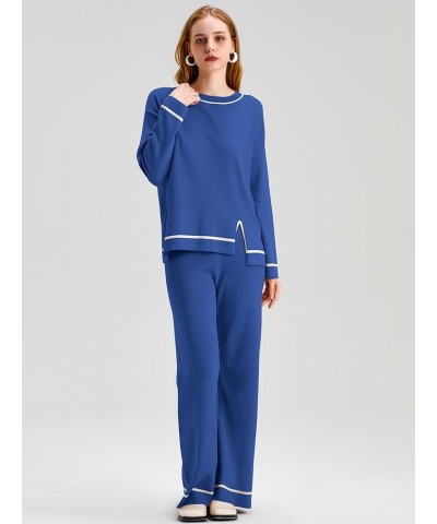 Sweater Set for Women 2 Piece Long Sleeve Round Neck High Waist Wide Leg Lounge Wear Sets Thin 05thin-blue $23.94 Sleep & Lounge