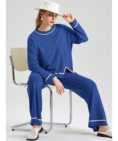 Sweater Set for Women 2 Piece Long Sleeve Round Neck High Waist Wide Leg Lounge Wear Sets Thin 05thin-blue $23.94 Sleep & Lounge