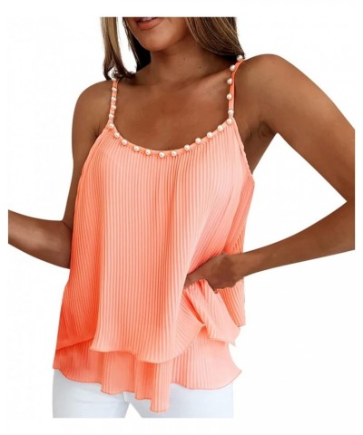 Womens Summer Tank Tops Pearl Spaghetti Strap Flowy Double Layer Babydoll Chiffon Camisole Loose Fit Sleeveless Shirt Pink $1...