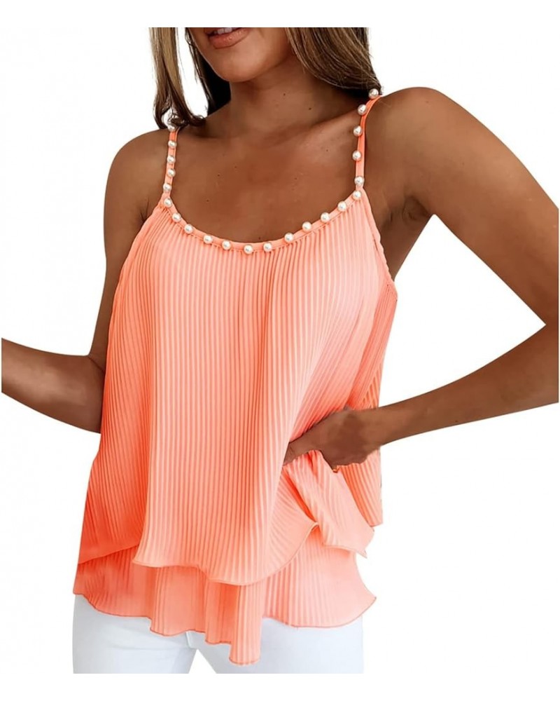 Womens Summer Tank Tops Pearl Spaghetti Strap Flowy Double Layer Babydoll Chiffon Camisole Loose Fit Sleeveless Shirt Pink $1...