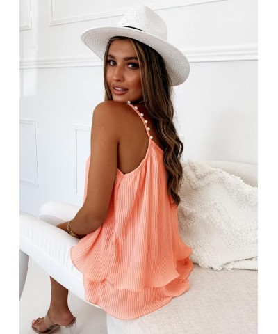 Womens Summer Tank Tops Pearl Spaghetti Strap Flowy Double Layer Babydoll Chiffon Camisole Loose Fit Sleeveless Shirt Pink $1...