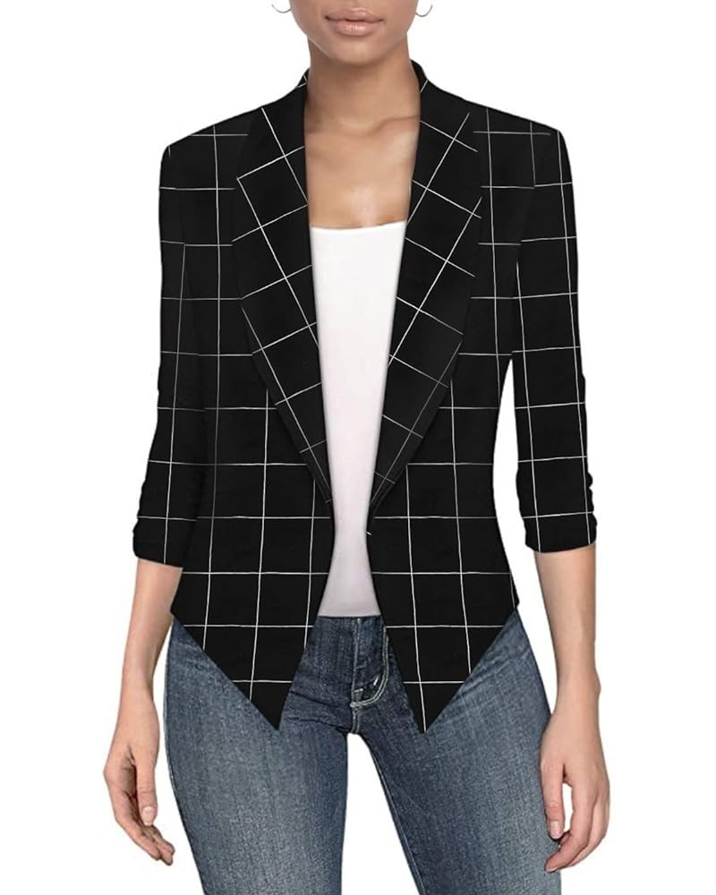 Lightweight Open Front Cardigan Classic Ruched Sleeve Work Office Blazer Suit Jackets 11297-black/White $12.51 Blazers