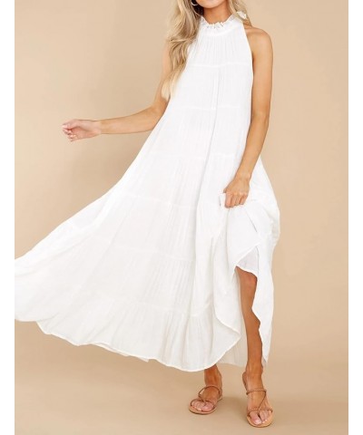 Women's Summer Boho Ruffle Halter Sleeveless Mock Neck Tie Back Flowy Maxi Dress with Pockets White $20.33 Dresses