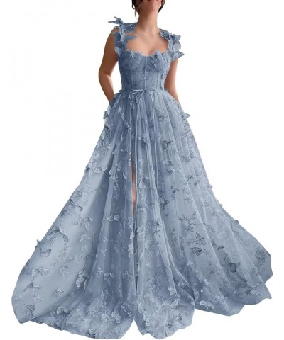 3D Butterflies Tulle Prom Dresses 2024 Slit Corset Ball Gown Long Formal Wedding Party Evening Dress Dusty Blue $29.24 Dresses