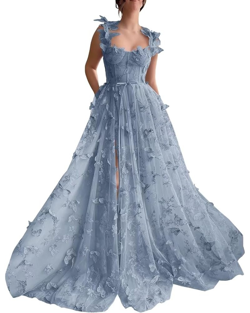 3D Butterflies Tulle Prom Dresses 2024 Slit Corset Ball Gown Long Formal Wedding Party Evening Dress Dusty Blue $29.24 Dresses