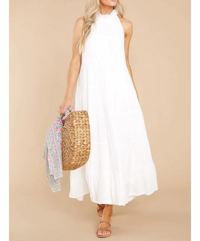 Women's Summer Boho Ruffle Halter Sleeveless Mock Neck Tie Back Flowy Maxi Dress with Pockets White $20.33 Dresses