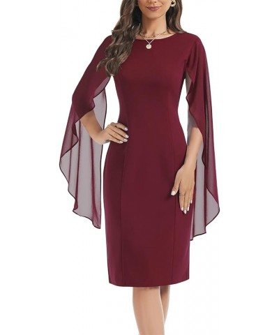 Women's Chiffon Cloak Sleeve Mini Cape Dress V-Back Semi-Formal Elegant Bodycon Wedding Guest Evening Cocktail Dresses Burgun...