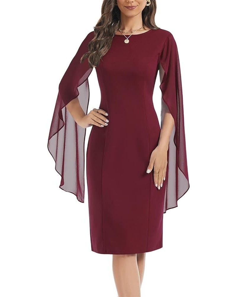 Women's Chiffon Cloak Sleeve Mini Cape Dress V-Back Semi-Formal Elegant Bodycon Wedding Guest Evening Cocktail Dresses Burgun...