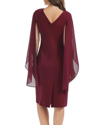 Women's Chiffon Cloak Sleeve Mini Cape Dress V-Back Semi-Formal Elegant Bodycon Wedding Guest Evening Cocktail Dresses Burgun...