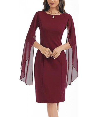 Women's Chiffon Cloak Sleeve Mini Cape Dress V-Back Semi-Formal Elegant Bodycon Wedding Guest Evening Cocktail Dresses Burgun...