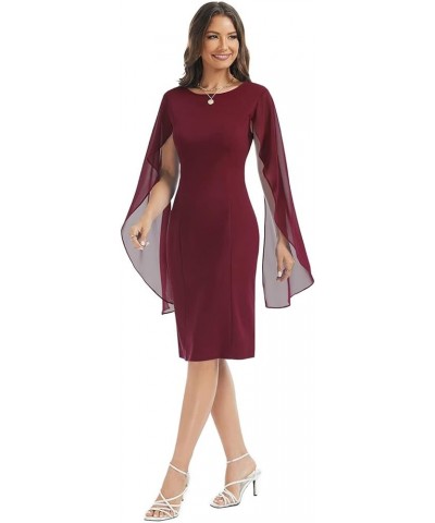 Women's Chiffon Cloak Sleeve Mini Cape Dress V-Back Semi-Formal Elegant Bodycon Wedding Guest Evening Cocktail Dresses Burgun...