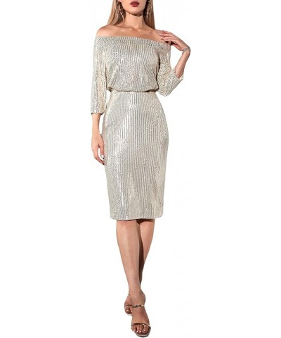 Women's Off Shoulder 3/4 Sleeve Sequin Evening Party Bodycon Midi Dress Silver $32.83 Dresses