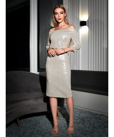 Women's Off Shoulder 3/4 Sleeve Sequin Evening Party Bodycon Midi Dress Silver $32.83 Dresses