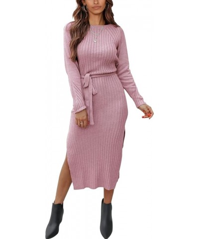 Women's Long Sleeve Crewneck Two Side Slit Tie Waist Slim Fit Sweater Dress Ribbed Knit Bodycon Midi Dress Solid Pink $22.25 ...