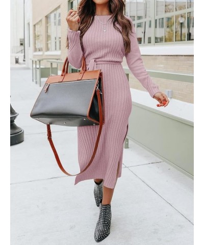 Women's Long Sleeve Crewneck Two Side Slit Tie Waist Slim Fit Sweater Dress Ribbed Knit Bodycon Midi Dress Solid Pink $22.25 ...