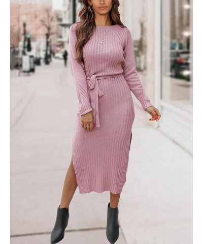 Women's Long Sleeve Crewneck Two Side Slit Tie Waist Slim Fit Sweater Dress Ribbed Knit Bodycon Midi Dress Solid Pink $22.25 ...