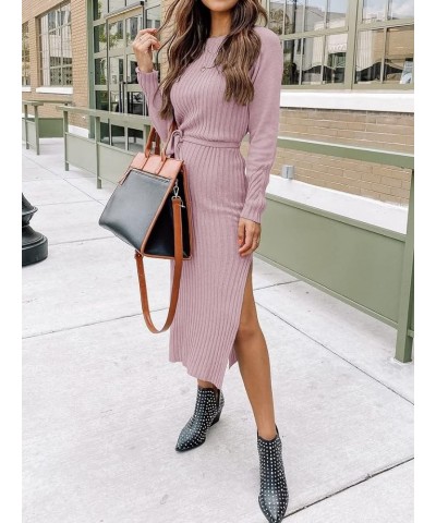 Women's Long Sleeve Crewneck Two Side Slit Tie Waist Slim Fit Sweater Dress Ribbed Knit Bodycon Midi Dress Solid Pink $22.25 ...