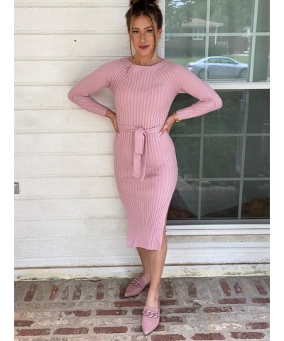 Women's Long Sleeve Crewneck Two Side Slit Tie Waist Slim Fit Sweater Dress Ribbed Knit Bodycon Midi Dress Solid Pink $22.25 ...