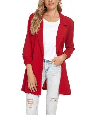 Women's Long Ruched Sleeve Blazers Open Front Lightweight Slim Lapel Button Blazer Work Office Jacket Red $22.35 Blazers