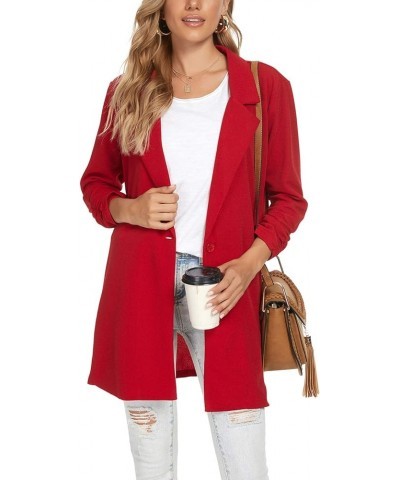 Women's Long Ruched Sleeve Blazers Open Front Lightweight Slim Lapel Button Blazer Work Office Jacket Red $22.35 Blazers