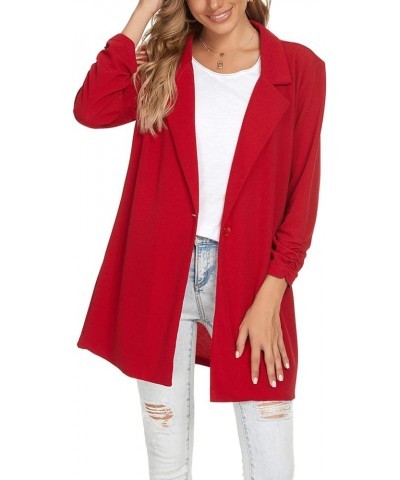 Women's Long Ruched Sleeve Blazers Open Front Lightweight Slim Lapel Button Blazer Work Office Jacket Red $22.35 Blazers