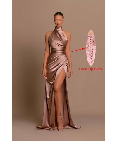 Halter Bridesmaid Dresses for Women Mermaid Ruched Satin Formal Gown Side Slit Maxi Dress EV1204 Black $26.95 Dresses