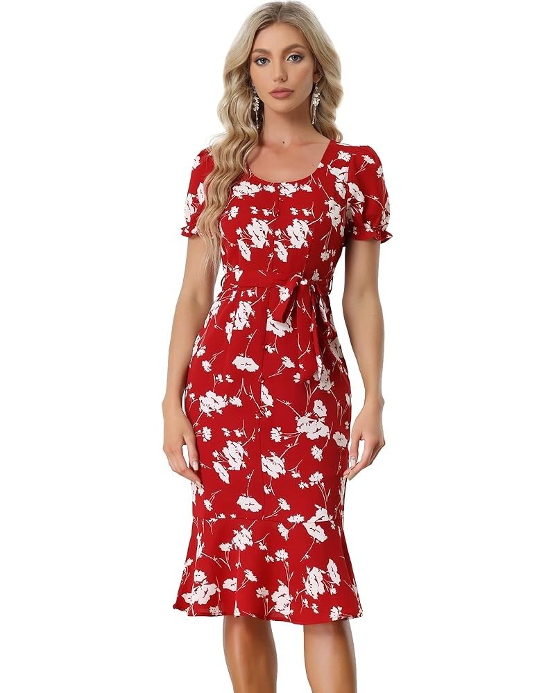 Women's Floral Scoop Neck Short Sleeve Ruffle Fishtail Mermaid Midi Dress Red $24.18 Dresses