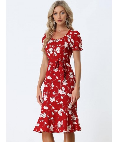 Women's Floral Scoop Neck Short Sleeve Ruffle Fishtail Mermaid Midi Dress Red $24.18 Dresses